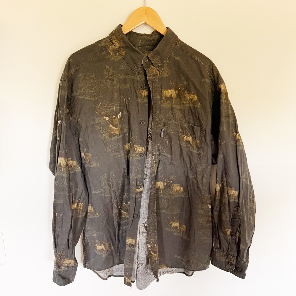Woolrich Mens Large Hunting Deer Print Button Down Shirt Brown Gorpcore Outdoor